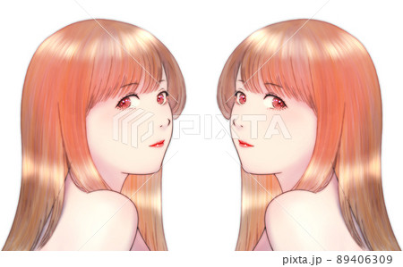 肩ごしに振り向いた艶のある髪の長い女性のカラーイラスト　茶髪　ピンクの瞳　左右対称のセット 89406309