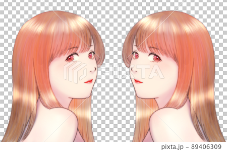肩ごしに振り向いた艶のある髪の長い女性のカラーイラスト　茶髪　ピンクの瞳　左右対称のセット 89406309