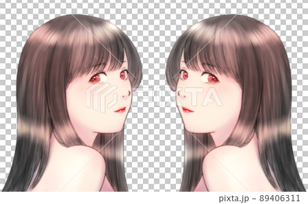 肩ごしに振り向いた艶のある髪の長い女性のカラーイラスト ピンクの瞳 左右対称のセットのイラスト素材