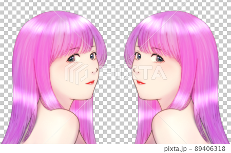 Color illustration of a woman with long glossy hair turning over her shoulder Purple hair Symmetrical set Color illustration of a woman with long glossy hair turning over her shoulder Purple hair Symmetrical set 89406318