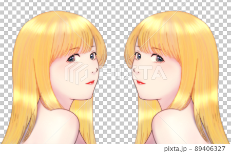 Color illustration of a woman with long glossy hair turning over her shoulder, blonde, symmetrical set 89406327