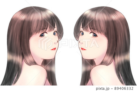 肩ごしに振り向いた艶のある髪の長い女性のカラーイラスト 左右対称のセットのイラスト素材