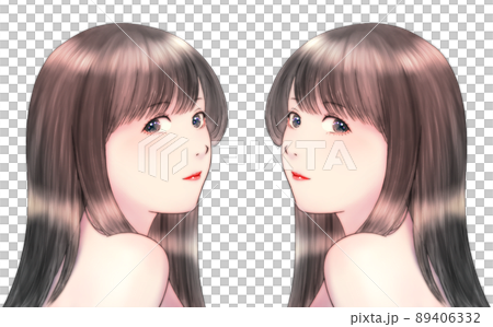 A symmetrical set of color illustrations of a woman with long shiny hair who turned around her shoulders. 89406332