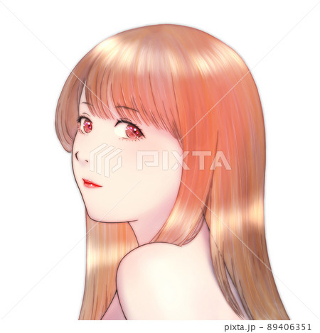 肩ごしに振り向いた艶のある髪の長い女性のカラーイラスト 茶髪 ピンクの瞳のイラスト素材