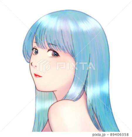 肩ごしに振り向いた艶のある髪の長い女性のカラーイラスト 青い髪のイラスト素材