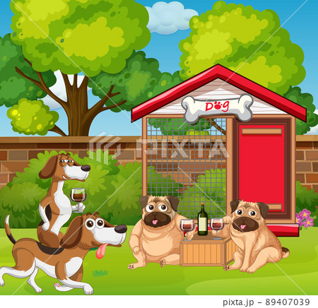 Many dogs playing in the park 89407039