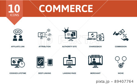 Commerce set icon. Editable icons commerce theme such as affiliate link, authority site, commission and more. Commerce set icon. Editable icons commerce theme such as affiliate link, authority site, commission and more. 89407764