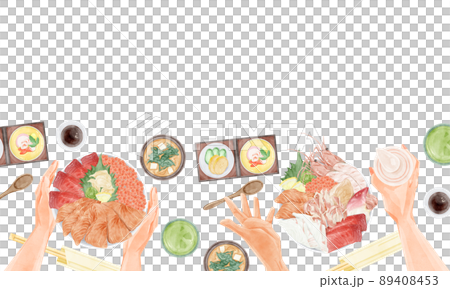 海鮮丼を食べる人たちの手書き水彩風イラスト 海鮮丼を食べる人たちの手書き水彩風イラスト 89408453