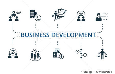 Business Development set icon. Editable icons business development theme such as advancement planning, decision making, collaborative resolution and more. 89408964