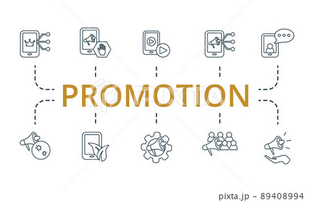 Promotion set icon. Editable icons promotion theme such as live streaming, social promotion, premium content and more. 89408994