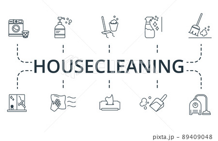 Housecleaning set icon. Editable icons housecleaning theme such as sweep, wipe dust, disinfectant and more. 89409048