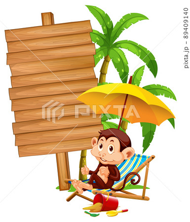 Blank wooden signboard with cute monkey 89409140