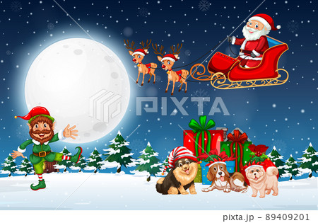 Snowy winter night with Santa Claus on sleigh 89409201