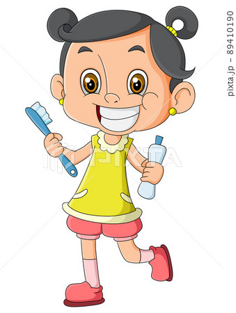 The little girl is cleaning her teeth very well and smiling 89410190