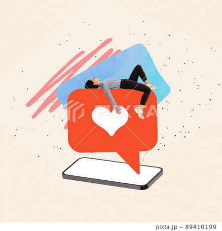 Contemporary art collage. Young woman lying on giant like icon appearing from phone screen. Modern issues Contemporary art collage. Young woman lying on giant like icon appearing from phone screen. Modern issues 89410199
