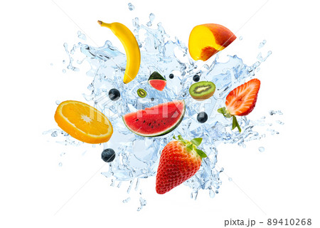 Collection of fresh strawberry, kiwi, watermelon, blueberry, banana , peach and orange with splashing water on white background. Selective focus 89410268