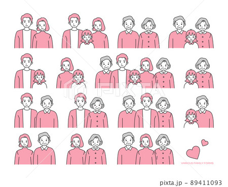 様々な家族のかたちのイラスト 親子や夫婦 一人親の組み合わせ 結婚と離婚 子育てと介護 のイラスト素材