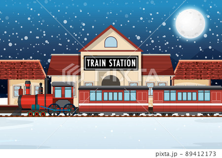 Train station scene with steam locomotive Train station scene with steam locomotive 89412173
