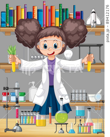 Laboratory scene with scientist cartoon character 89412176