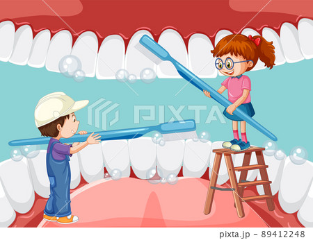 Happy kids brushing whiten teeth with a toothbrush inside human mouth Happy kids brushing whiten teeth with a toothbrush inside human mouth 89412248