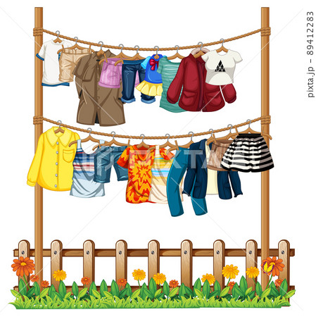 Many clothes hanging on clothesline Many clothes hanging on clothesline 89412283