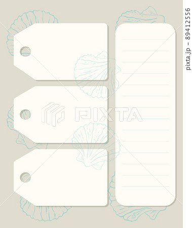 Template blank for notes of reminders records with sea shells and tags, to-do list, plan, schedule, scrapbooking. 89412556