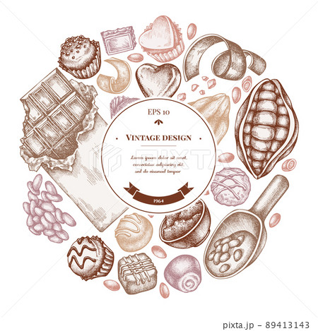 Round design with pastel cocoa beans, cocoa, chocolate, chocolate candies Round design with pastel cocoa beans, cocoa, chocolate, chocolate candies 89413143