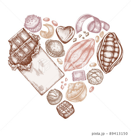 Heart design with pastel cocoa beans, cocoa, chocolate, chocolate candies Heart design with pastel cocoa beans, cocoa, chocolate, chocolate candies 89413150