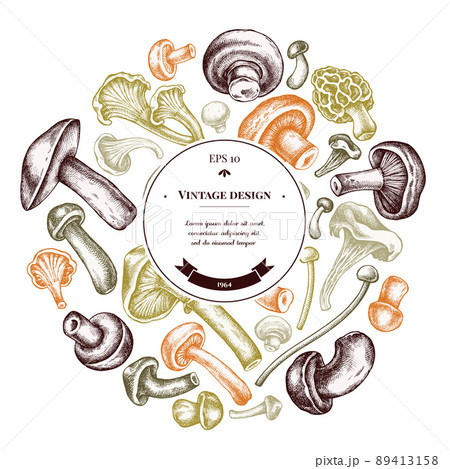Round design with pastel oyster mushroom, champignon, honey agaric, etc. Round design with pastel oyster mushroom, champignon, honey agaric, etc. 89413158