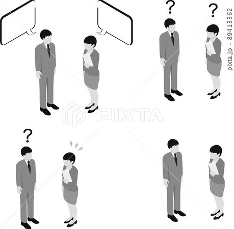 ビジネス 人物 仕事 アイソメトリック 男性 女性 全身 吹き出し 白黒 モノクロ イラスト セットのイラスト素材