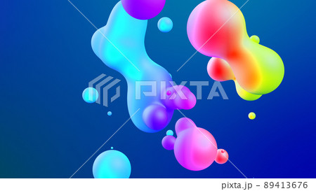 3d render. Spheres or balls merge like liquid wax drops or metaballs in-air. Liquid gradient of rainbow colors on beautiful drops with multi-colored glow, scattering light inside. 89413676