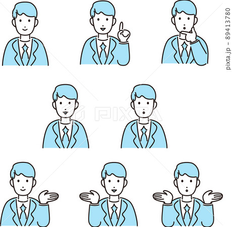 人物　男性　ビジネス　スーツ　上半身　手　イラスト　ポーズ　バリエーション　セット 89413780