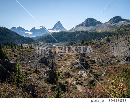 Autumn alpine valley with prominent peak on its end, Mt Assiniboine Provincial Park, Canada Autumn alpine valley with prominent peak on its end, Mt Assiniboine Provincial Park, Canada 89413833
