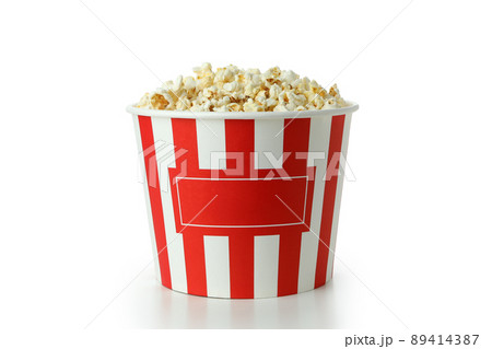 Striped paper cup with popcorn isolated on white background 89414387