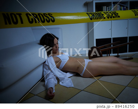 Crime Scene - Woman dead lying on the floor 89416250