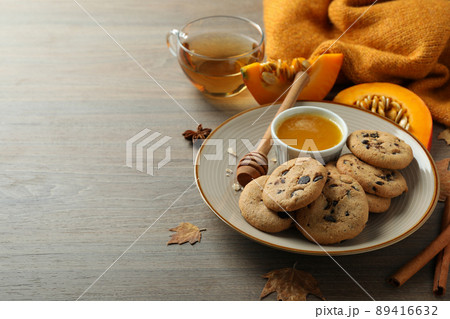 Concept of tasty food with pumpkin cookies, space for text 89416632