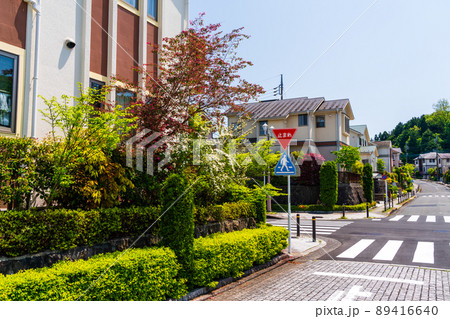 緑と花の多い郊外の戸建住宅団地 道路にブロックを敷き詰めた高級感のある閑静な住宅街 緑と花の多い郊外の戸建住宅団地 道路にブロックを敷き詰めた高級感のある閑静な住宅街 89416640