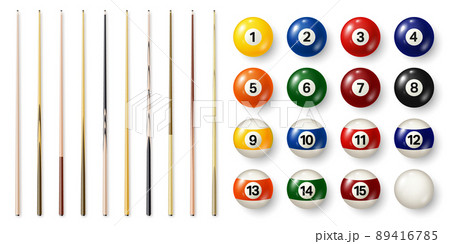 Colorful billiard balls with numbers and various pool cues. Glossy snooker ball. Sports equipment. Vector illustration. Colorful billiard balls with numbers and various pool cues. Glossy snooker ball. Sports equipment. Vector illustration. 89416785