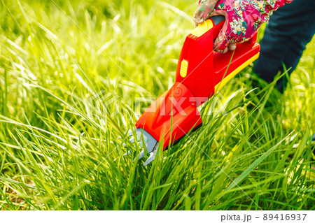Close-up hand holds an red electric manual grass trimmer and trims the border of vegetation. Close-up hand holds an red electric manual grass trimmer and trims the border of vegetation. 89416937