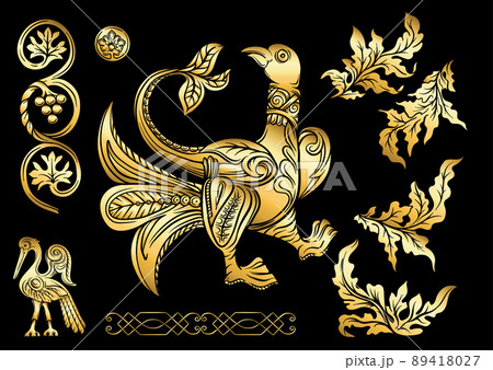 Byzantine traditional historical motifs of animals, birds, flowers and plants  89418027