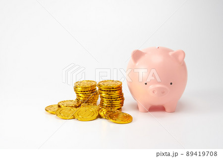 豚の貯金箱とお金　白背景 89419708