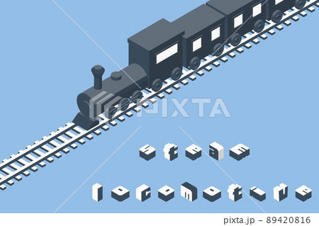 蒸気機関車のシンプルなシルエットのアイソメトリックイラスト. 89420816