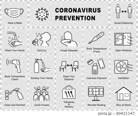 英語版　新型コロナウイルス COVID-19 感染症対策ポスター　アイコン セット 89421147