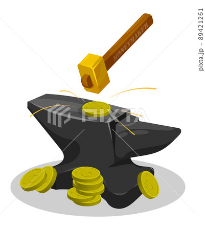 Magical tool for making money. Minting of metallic coins in ancient times. Hammer and anvil. Cartoon vector isolated on white background Magical tool for making money. Minting of metallic coins in ancient times. Hammer and anvil. Cartoon vector isolated on white background 89421261
