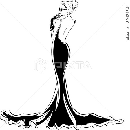 マーメイドドレスを着た女性 線画のイラスト素材