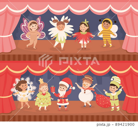 Children in Theater Play Wearing Costumes Performing on Stage Vector Set Children in Theater Play Wearing Costumes Performing on Stage Vector Set 89421900