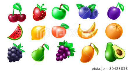 Casino slot fruit vector icon set, gambling machine cherry Vegas illustration kit, glossy strawberry 89423838