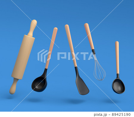 Wooden kitchen utensils, tools and equipment on blue background. 89425190