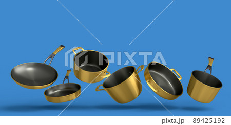 Set of flying stewpot, frying pan and chrome plated cookware on blue background 89425192