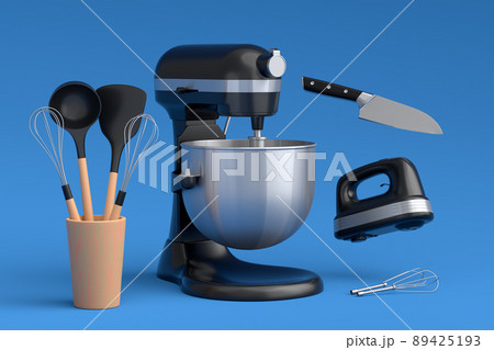Mixer and hand mixer with kitchen utensil for preparation of dough on blue 89425193